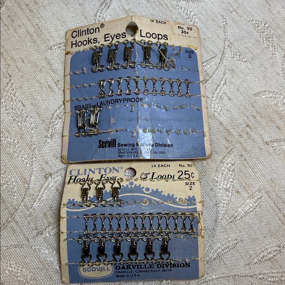 2 Vintage Clinton Scovill Hook & Eye Fastener Cards, Brass Laundryproof Size 2&3